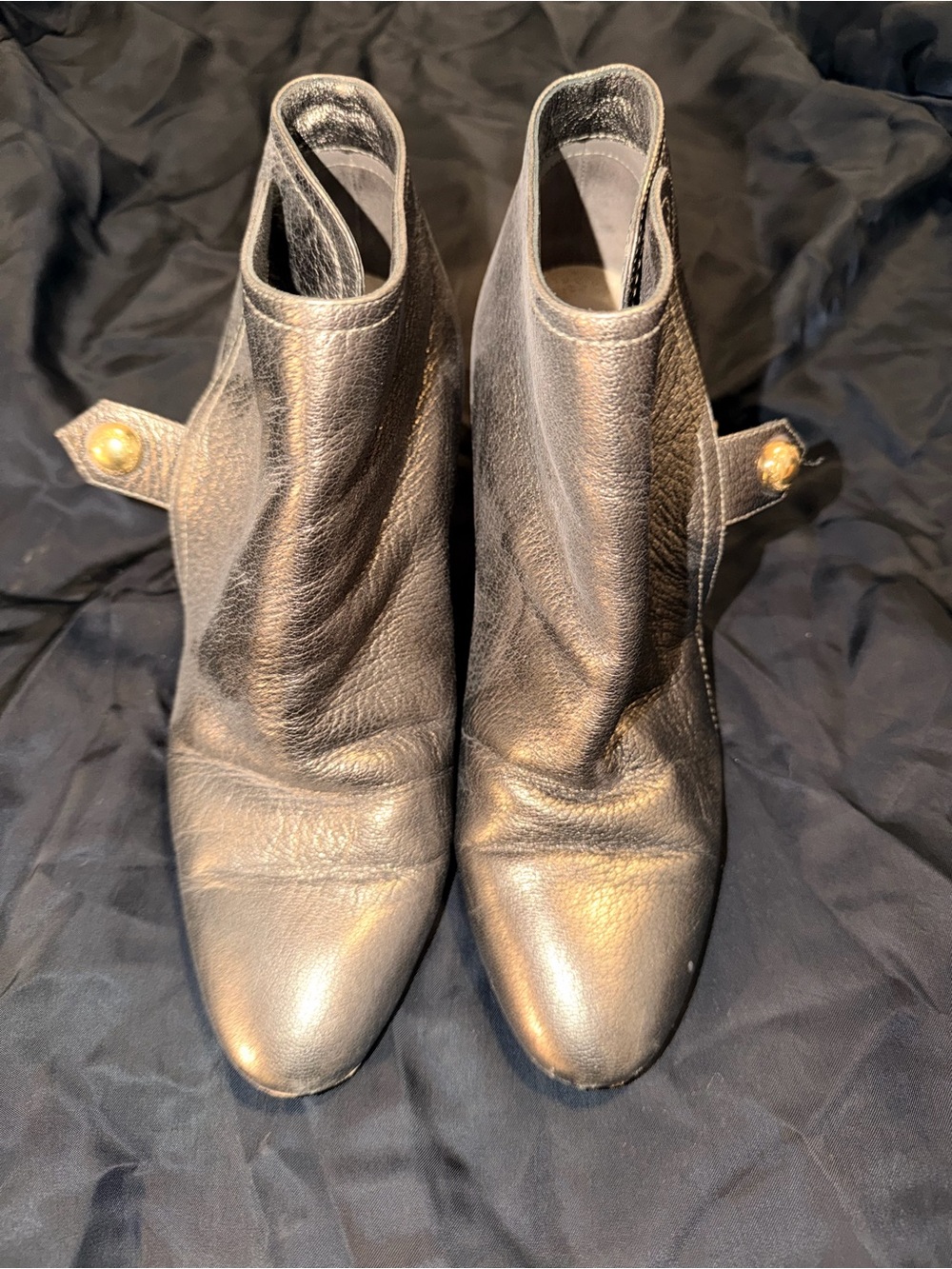 Jimmy Choo Bronzed Leather Ankle Booties with Gold Button Detail